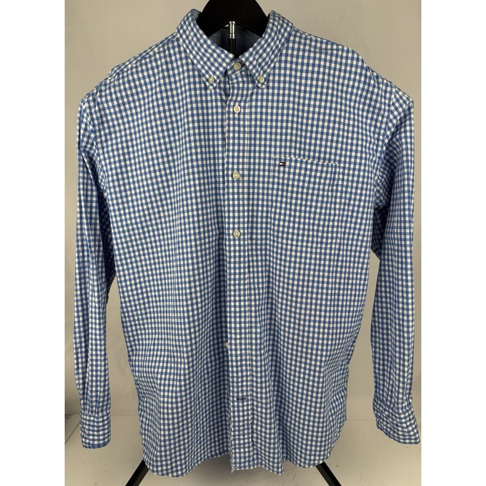 Tommy Hilfiger Mens XL Light Blue Gingham Check Button Down Shirt Long Sleeve